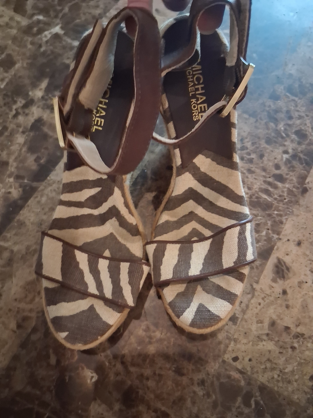Michael Kors Brown and Beige Zebra Print Ankle Strap Wedge Sandals